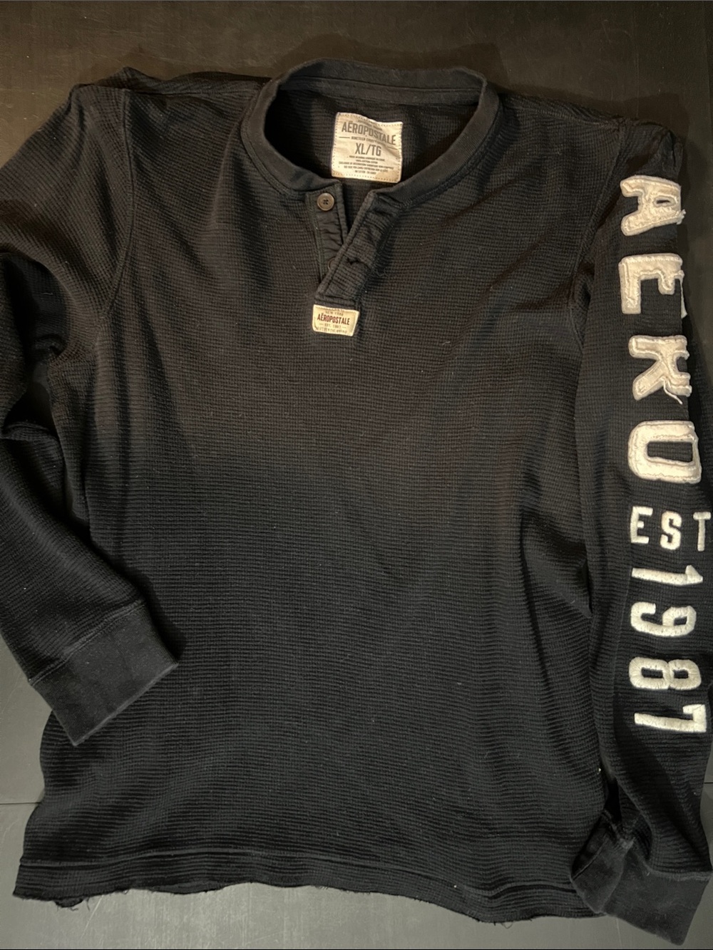 Aeropostale Men's Black Long Sleeve Thermal Henley with Sleeve Logo